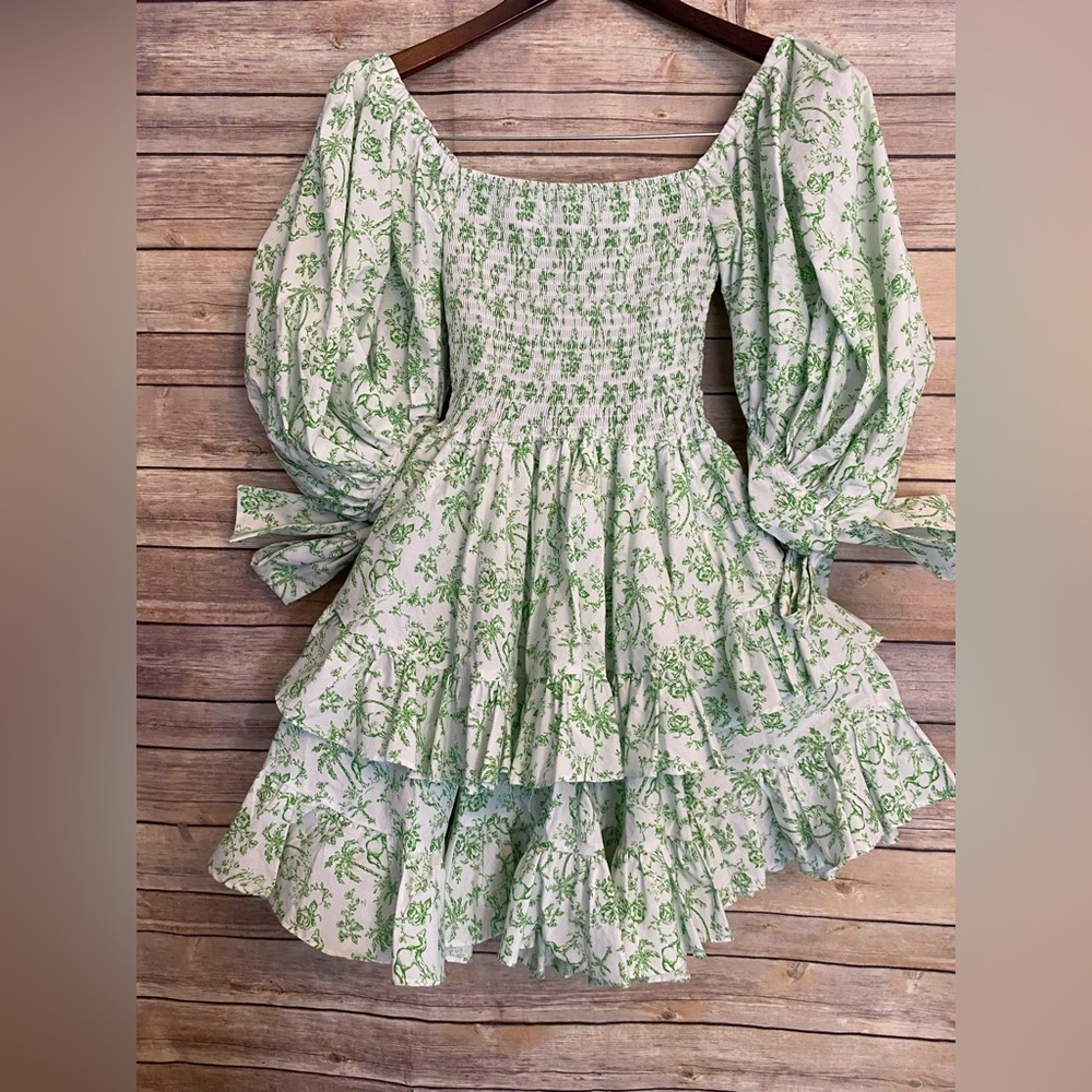 Caroline constas bubble sleeve tiered ruffle mini dress green floral size XS